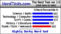 NerdTests.com says I'm a Highly Dorky Nerd God.  What are you? Click here!